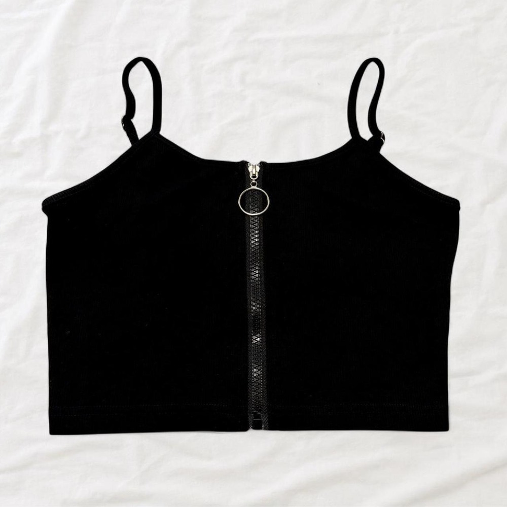Romwe Black Ribbed Zip Front Crop Top O-Ring Y2K Punk Cami Small